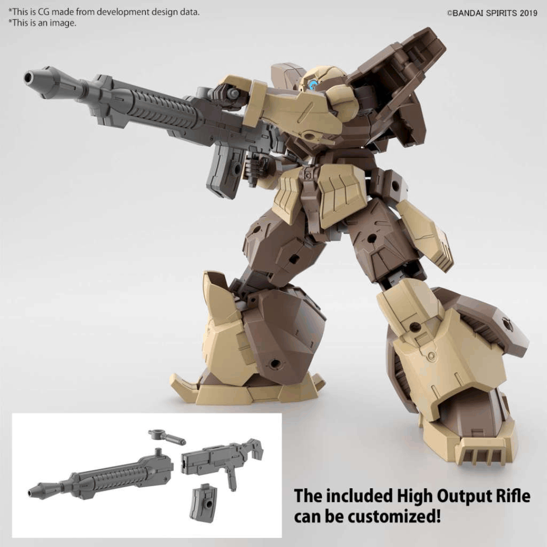 Modello Gunpla Bandai 30MM bEXM-28 Revernova Brown 1/144 con armatura pesante, fucile e opzioni di personalizzazione combinabili.