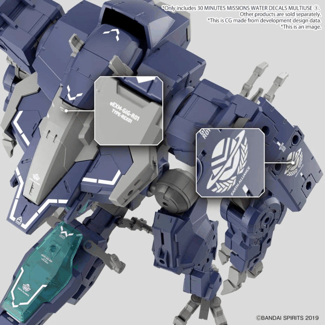 Foglio decalcomanie water-slide Bandai 30MM GIG-R01 Provedel con kanji, simboli Earth, Byron, Maxion per personalizzazione mecha