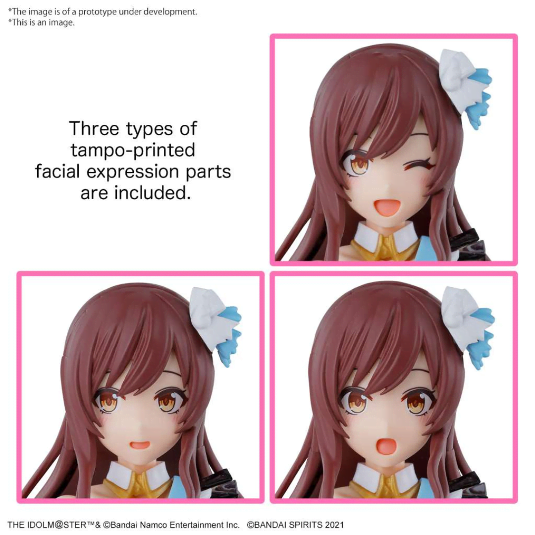 Box art figure model kit Bandai 30MS Amana Osaki Idolmaster Shiny Colors con outfit dettagliato e sfondo floreale rosa