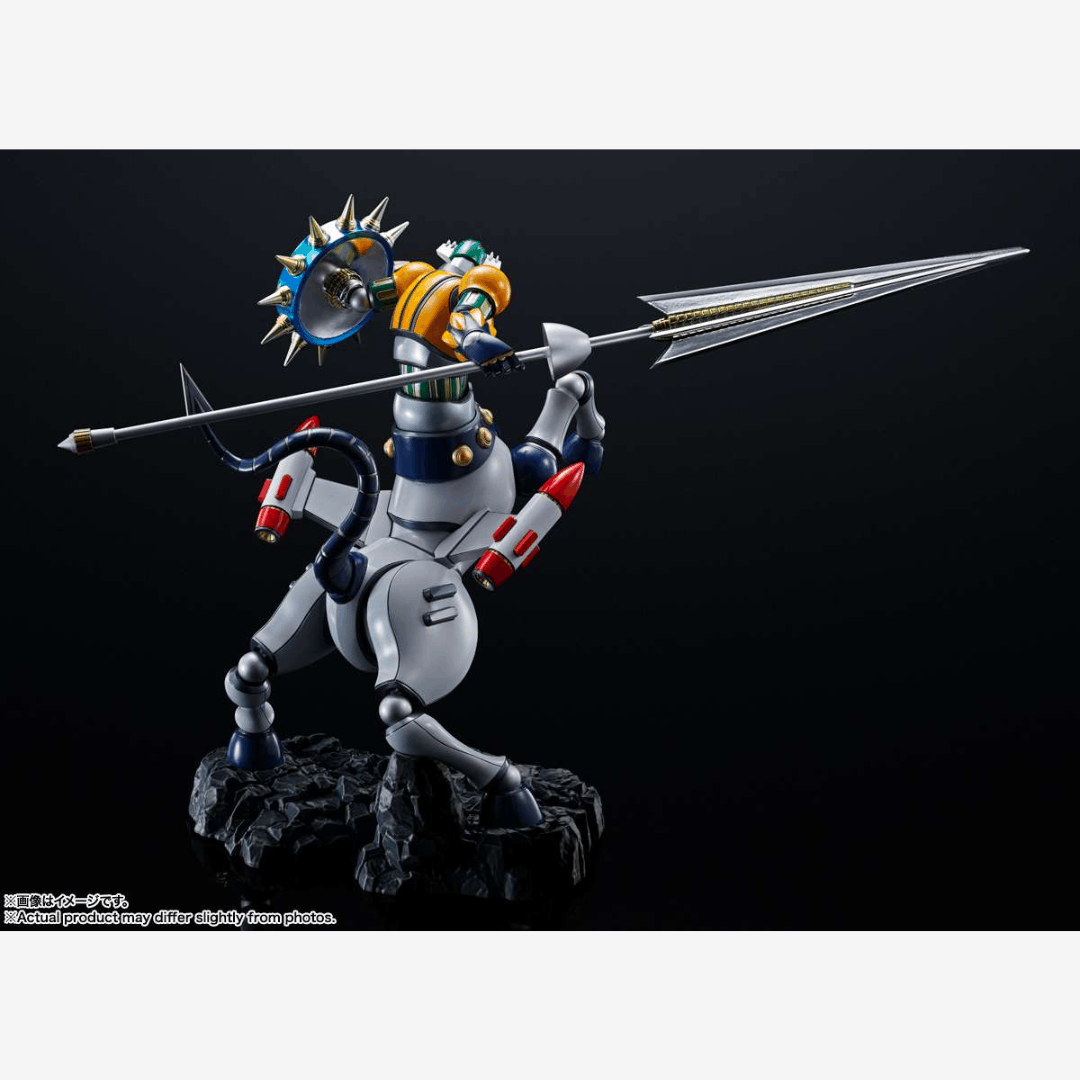 Figure Steel Jeeg Figuarts ZERO 23cm Bandai con finitura metallic touch, posa dinamica su base rocciosa e dettagli realistici da collezione mecha.