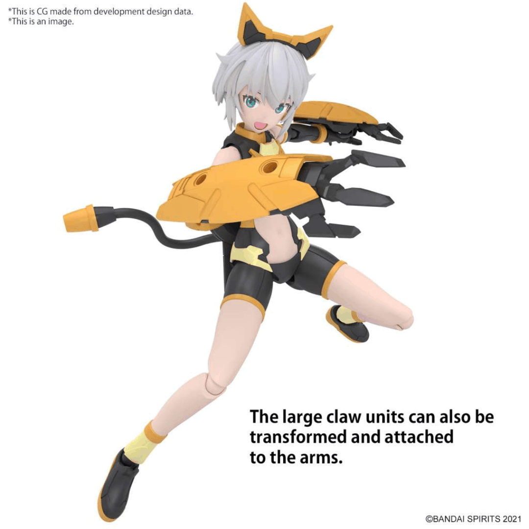 Box model kit 30MS Rishetta Freesia Wear Color A Bandai con armatura gialla e look mecha customizzabile in stile anime futuristico