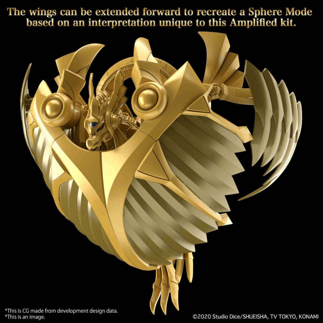 Model Kit Yu-Gi-Oh! The Winged Dragon of Ra Amplified Bandai, dettagliato, dorato, snodabile e facile da montare, perfetto per fan e collezionisti.
