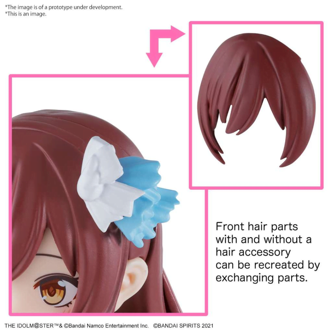 Box art figure model kit Bandai 30MS Amana Osaki Idolmaster Shiny Colors con outfit dettagliato e sfondo floreale rosa