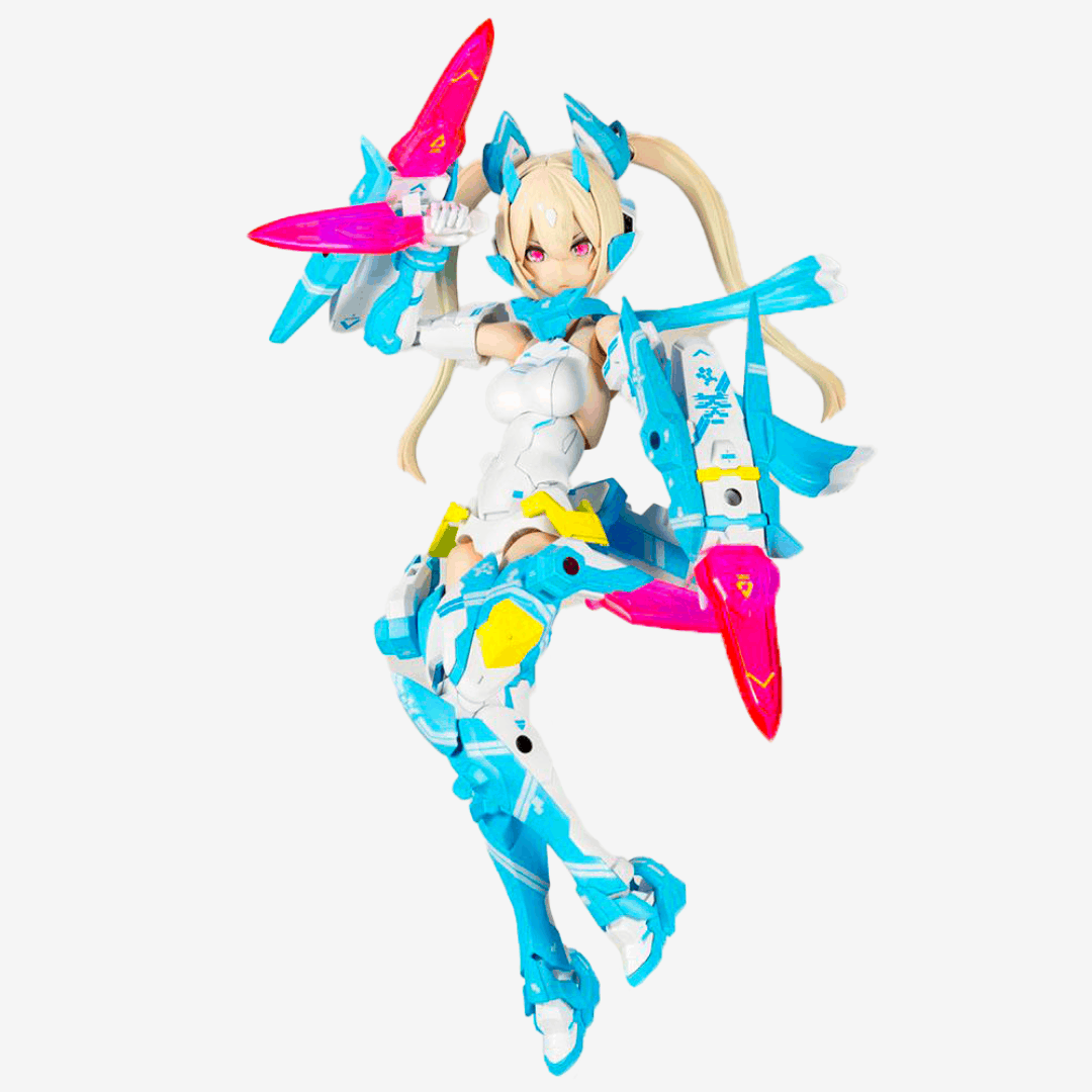 Box model kit ASRA Ninja Aoi Megami Device Kotobukiya con armatura azzurra, posa dinamica e armi ninja dettagliate in scala 1/1