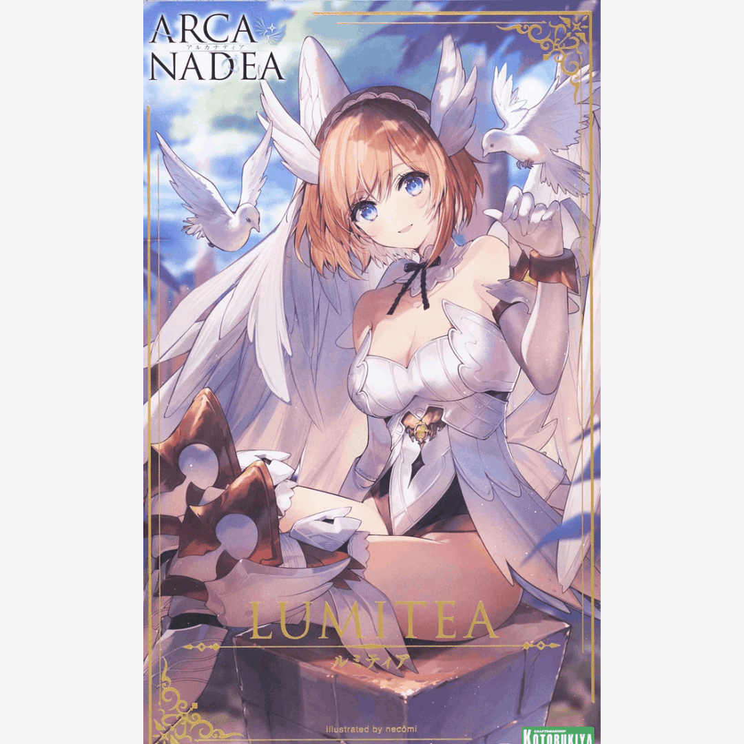 Box model kit Kotobukiya Lumitea Arcanadea con ali bianche, outfit fantasy angelico e artwork originale illustrato da necömi