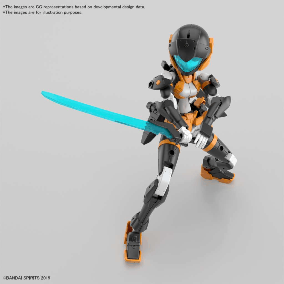 Model Kit Bandai 30MM EXM-H15D Acerby Type-D 1/144 in posa dinamica con spada e colori arancio-nero – disponibile su Weeaboverse
