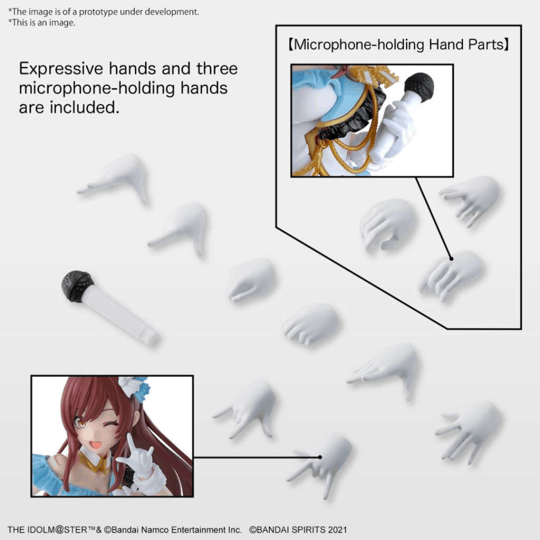 Box art figure model kit Bandai 30MS Amana Osaki Idolmaster Shiny Colors con outfit dettagliato e sfondo floreale rosa