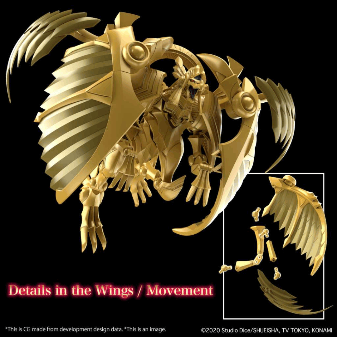 Model Kit Yu-Gi-Oh! The Winged Dragon of Ra Amplified Bandai, dettagliato, dorato, snodabile e facile da montare, perfetto per fan e collezionisti.