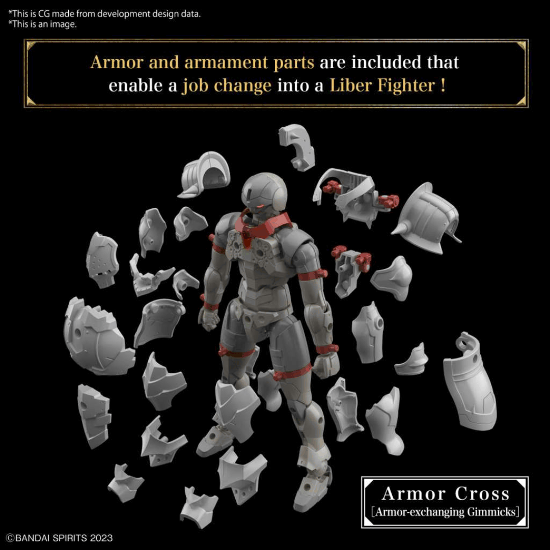 Box 30MF Liber Warrior Bandai con guerriero fantasy corazzato, armato di lancia e scudo, model kit articolato della serie 30 Minutes Fantasy.