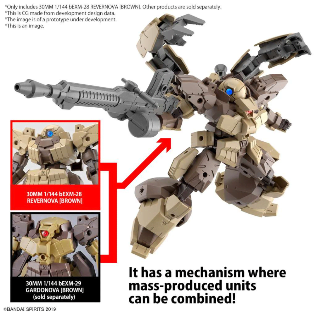 Modello Gunpla Bandai 30MM bEXM-28 Revernova Brown 1/144 con armatura pesante, fucile e opzioni di personalizzazione combinabili.