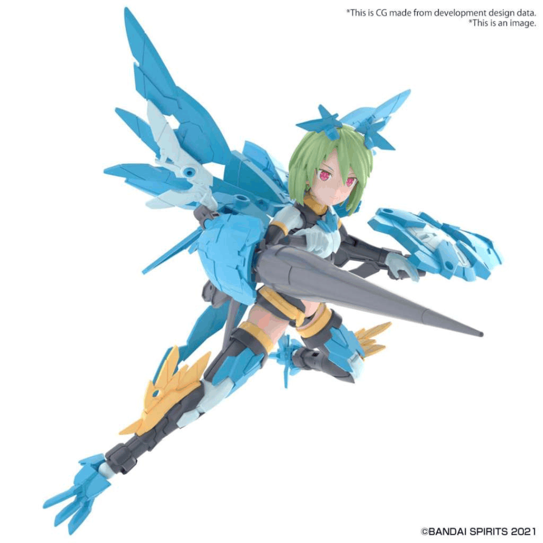 Box model kit Bandai 30MS Far-Farina Conductor Form con armatura azzurra, viso tampografato e design Bishoujo snodabile