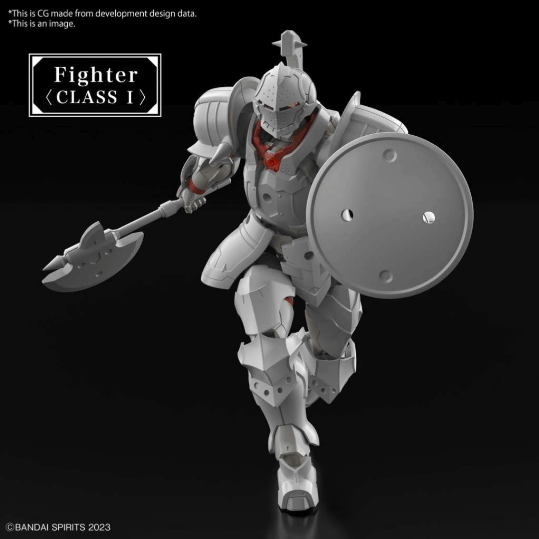Box 30MF Liber Warrior Bandai con guerriero fantasy corazzato, armato di lancia e scudo, model kit articolato della serie 30 Minutes Fantasy.