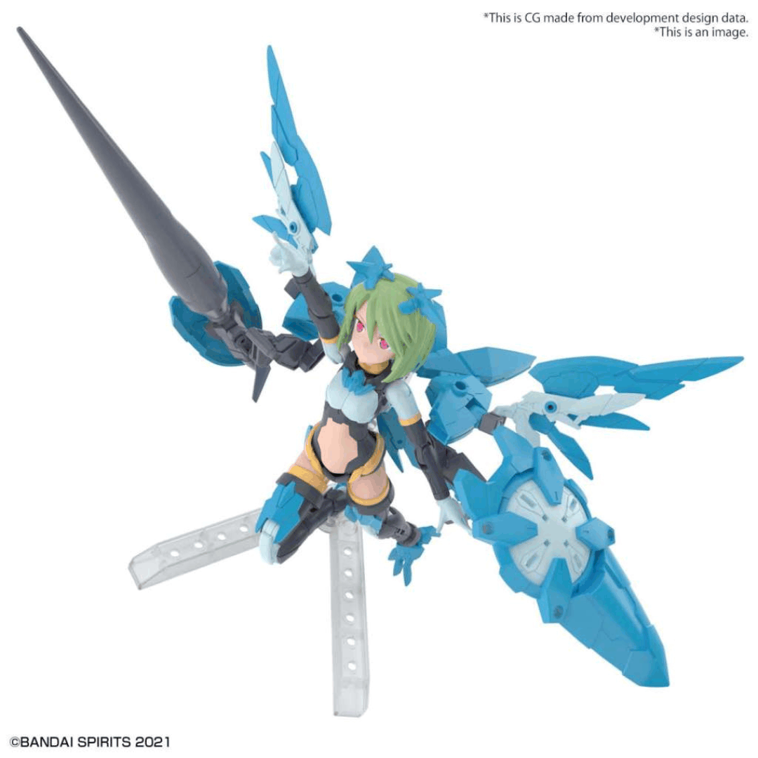Box model kit Bandai 30MS Far-Farina Conductor Form con armatura azzurra, viso tampografato e design Bishoujo snodabile