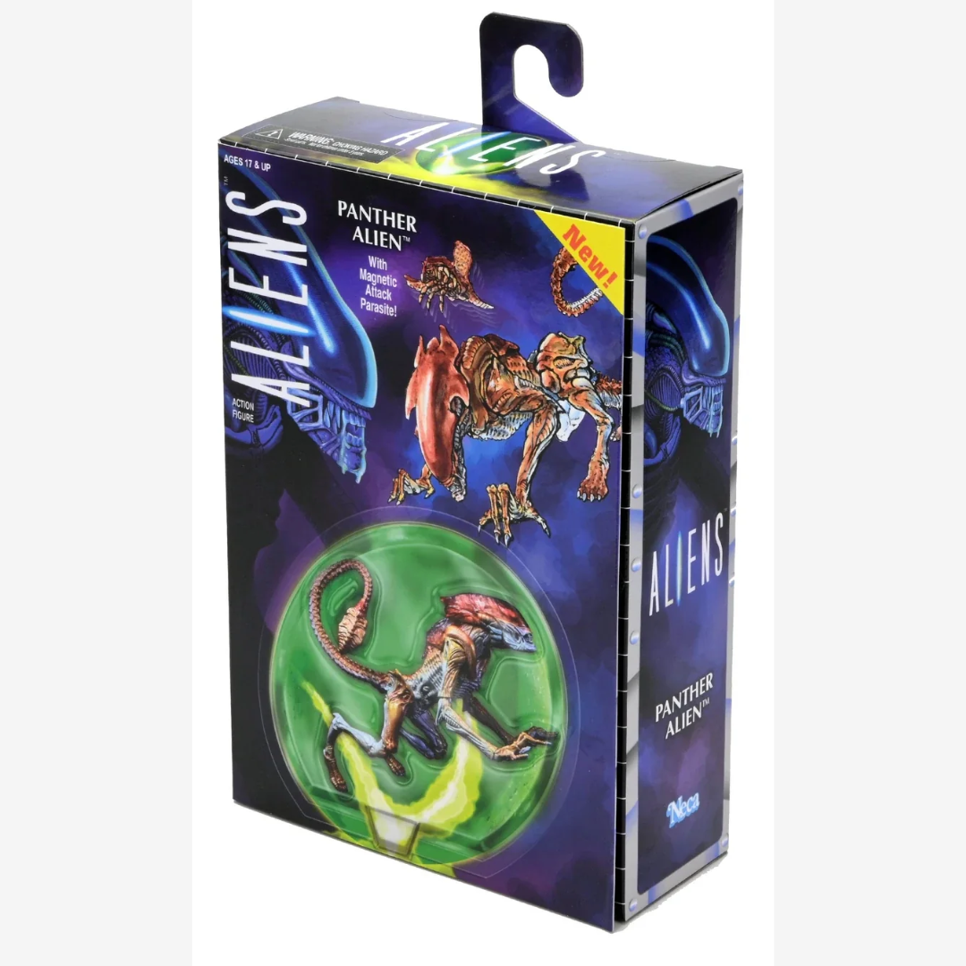 Confezione action figure NECA Panther Alien – versione retro Kenner con parassita magnetico e box vintage per collezionisti Alien.