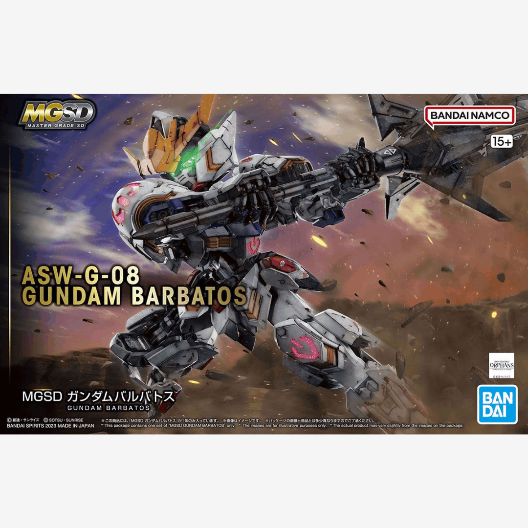 Box MGSD Gundam Barbatos con Mobile Suit SD dettagliato e armato, ispirato a Iron-Blooded Orphans. Gunpla compatto con qualità da Master Grade.