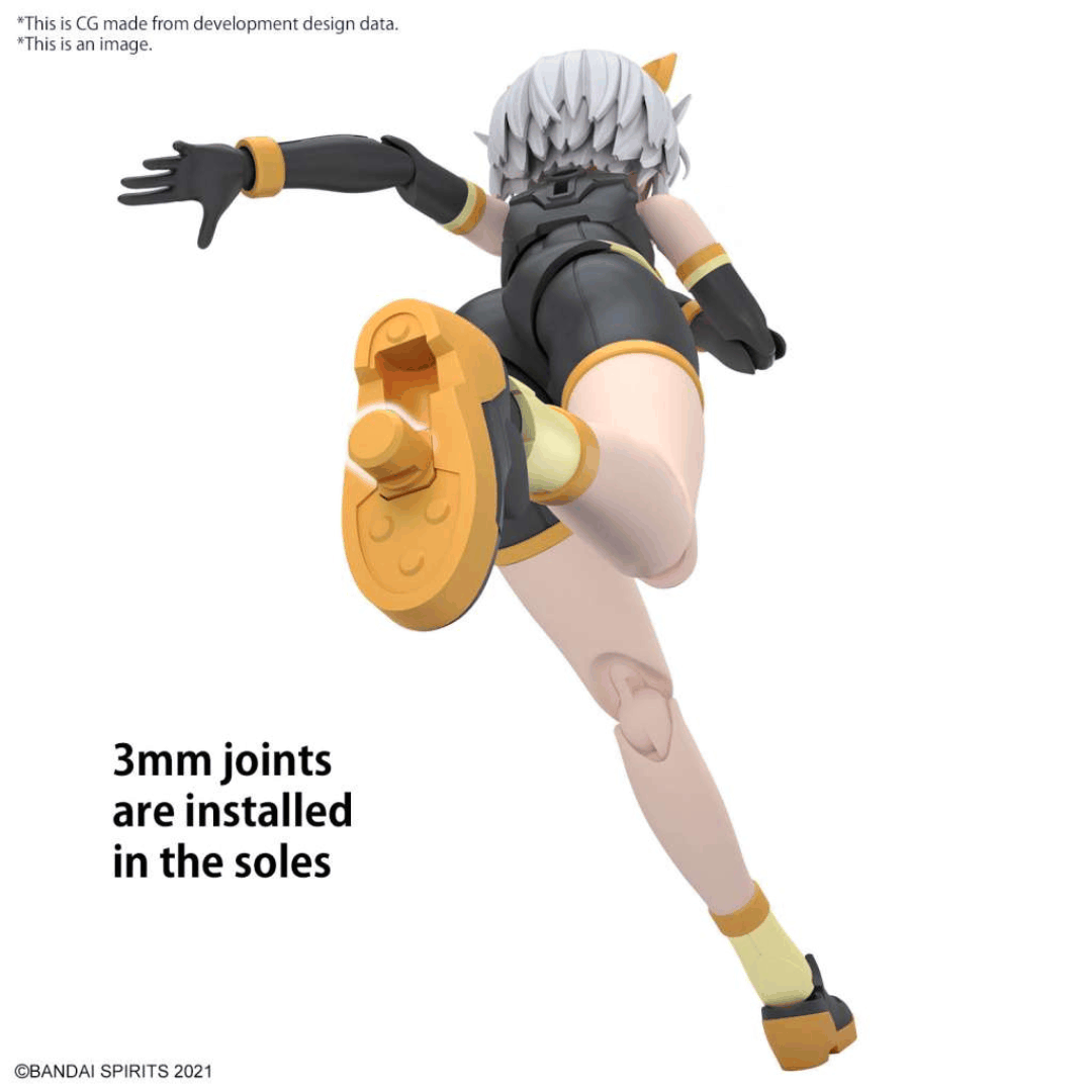 Box model kit 30MS Rishetta Freesia Wear Color A Bandai con armatura gialla e look mecha customizzabile in stile anime futuristico