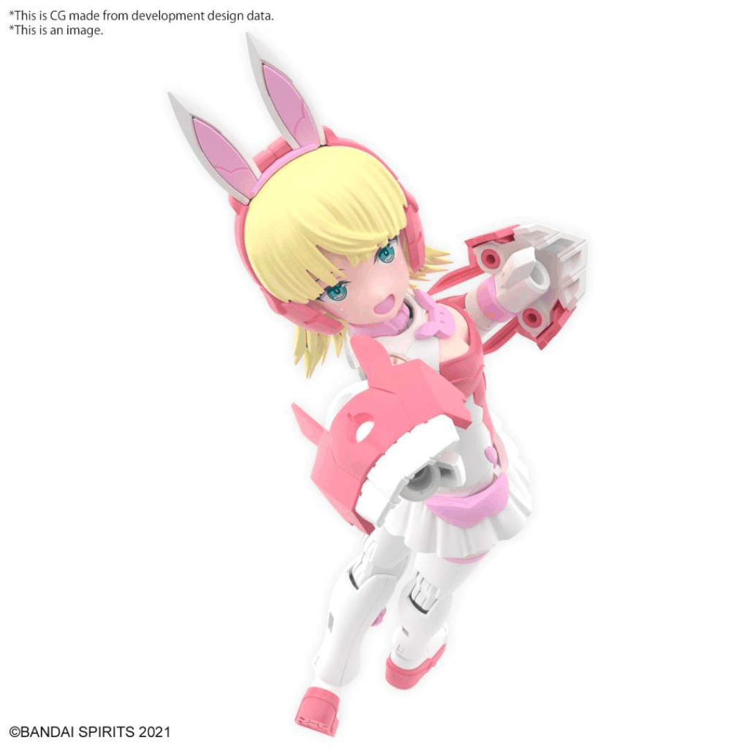 Box model kit Bandai 30MS Lirinel Color A con armatura rosa, look coniglio, corpo snodabile e volti intercambiabili in stile Bishoujo