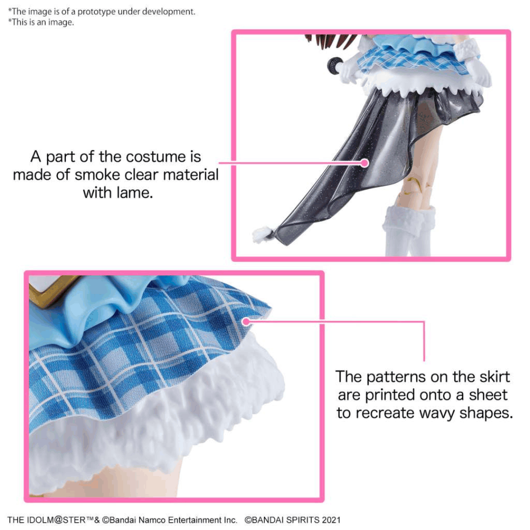 Box art figure model kit Bandai 30MS Amana Osaki Idolmaster Shiny Colors con outfit dettagliato e sfondo floreale rosa