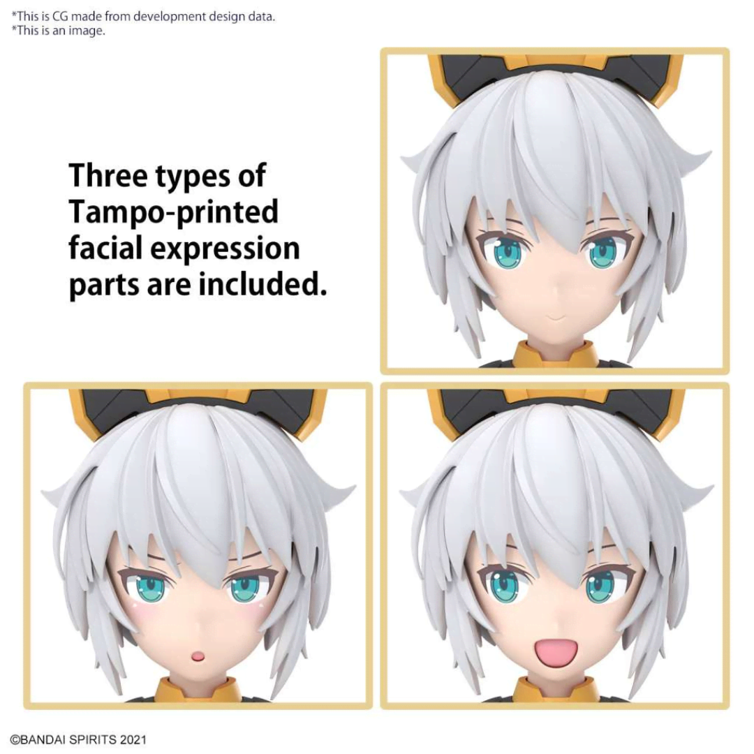 Box model kit 30MS Rishetta Freesia Wear Color A Bandai con armatura gialla e look mecha customizzabile in stile anime futuristico