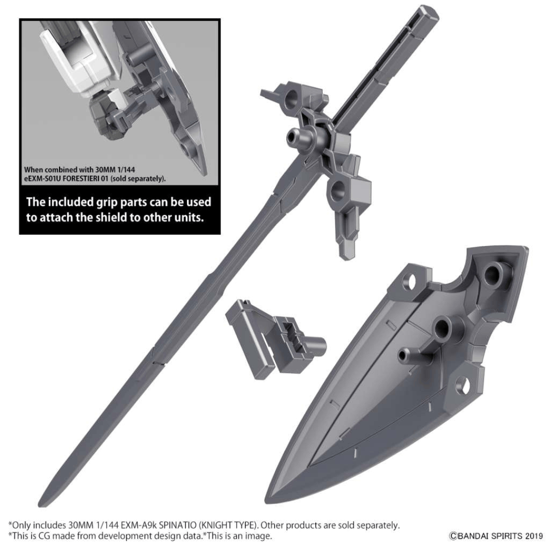 Bandai 30MM Spinatio Knight Type 1/144 – Mecha cavaliere con lancia, scudo e armatura modulare per pose dinamiche e personalizzazione.