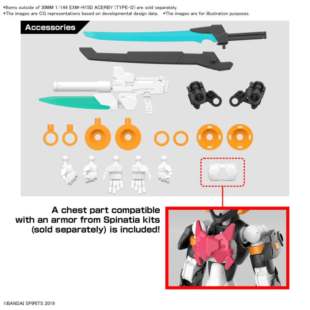 Model Kit Bandai 30MM EXM-H15D Acerby Type-D 1/144 in posa dinamica con spada e colori arancio-nero – disponibile su Weeaboverse