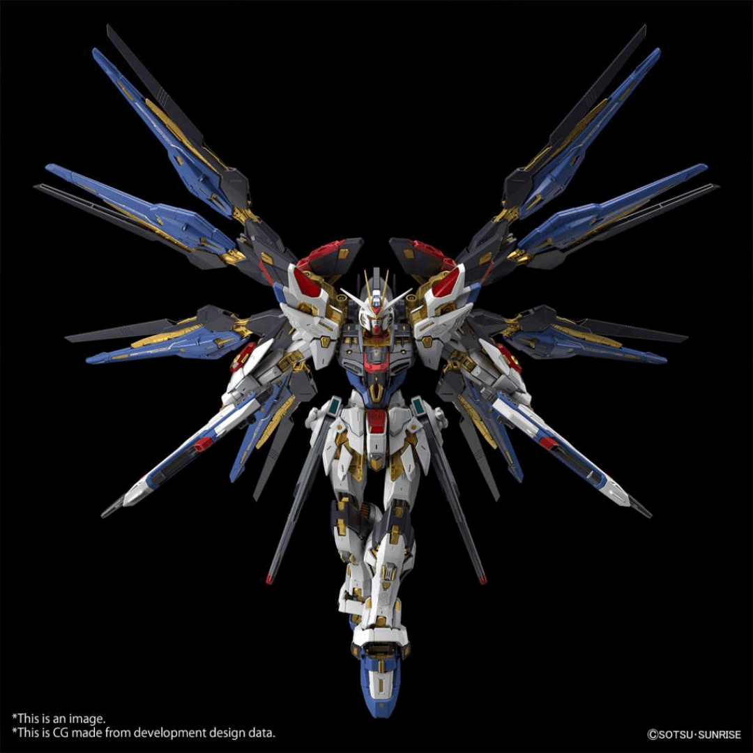 Box MGEX 1/100 Gundam Strike Freedom con ali estese e finiture dorate, modello Master Grade Extreme ispirato a Gundam SEED Destiny.