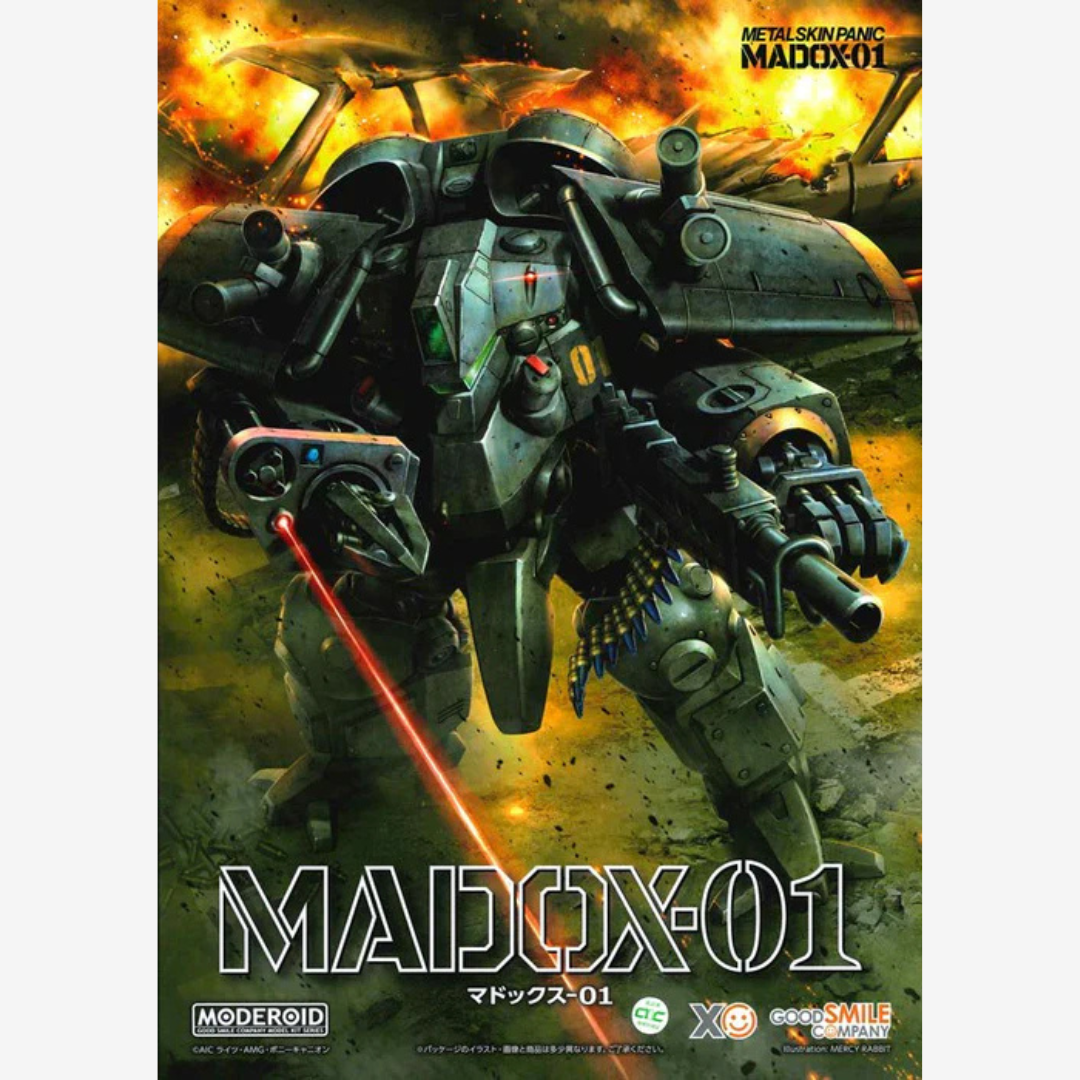 Model kit MODEROID MADOX-01 da Metal Skin Panic, mecha militare da montare senza colla, dettagliato e perfetto per collezionisti anime e robotica.