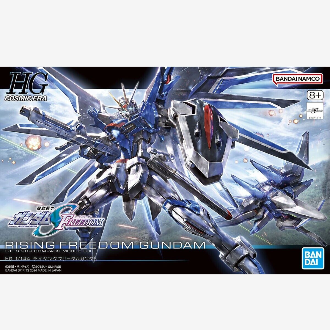 Box HG 1/144 Rising Freedom Gundam Bandai – Gunpla Cosmic Era con ali estese e armi, kit da assemblare senza colla per fan SEED Freedom