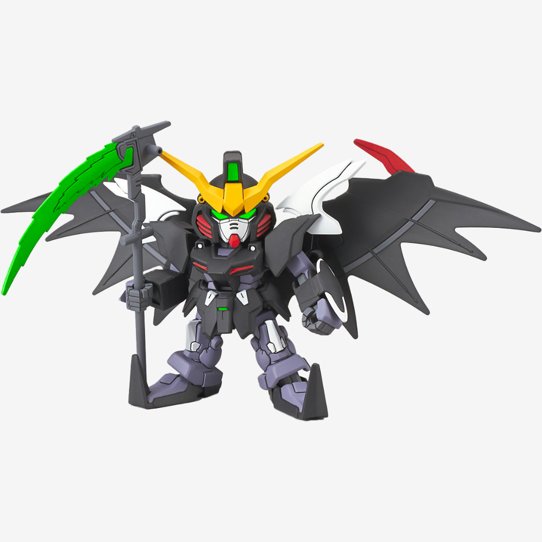 Gunpla SD Gundam Deathscythe Hell EW EX-Standard Bandai con falce e ali demoniache, kit da montare senza colla né verniciatura, da Endless Waltz.