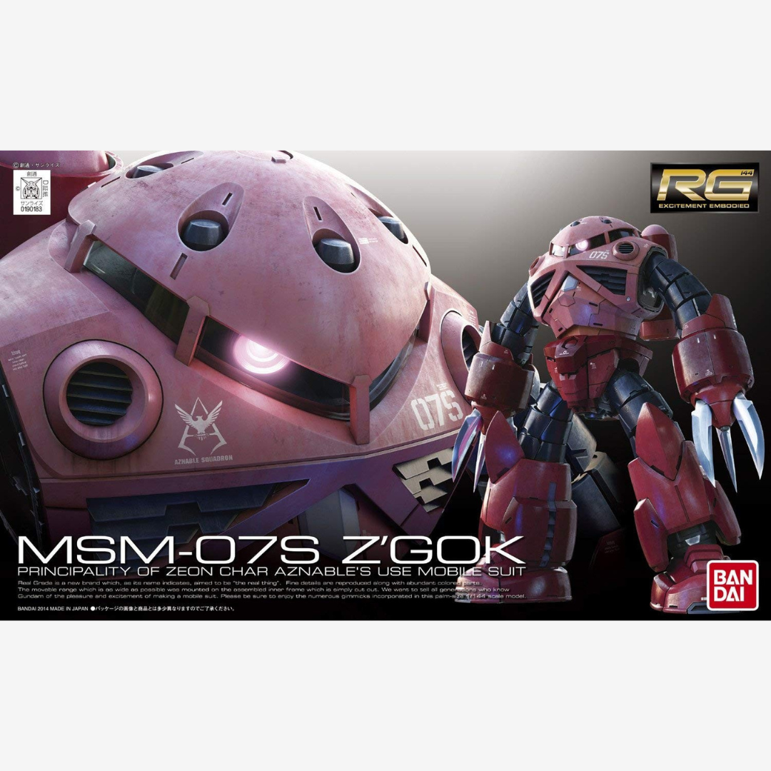 Gunpla RG MSM-07S Z'Gok Char Aznable Custom 1/144 Bandai, modello Real Grade ultra dettagliato da assemblare senza colla, artigli mobili inclusi.