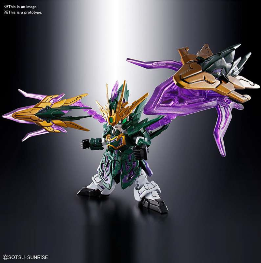 Gunpla SD Zhang He Altron Gundam Bandai con armatura verde, oro e lame viola, kit da montare senza colla perfetto per fan Sangoku Soketsuden.
