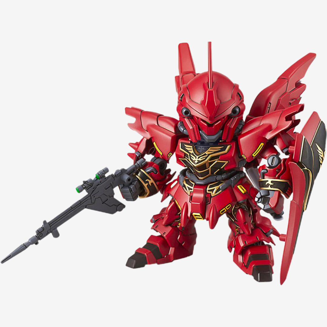 Model Kit SD Gundam EX-Standard MSN-06S Sinanju Bandai – Gunpla rosso compatto da montare senza colla, con dettagli dorati e armi incluse.