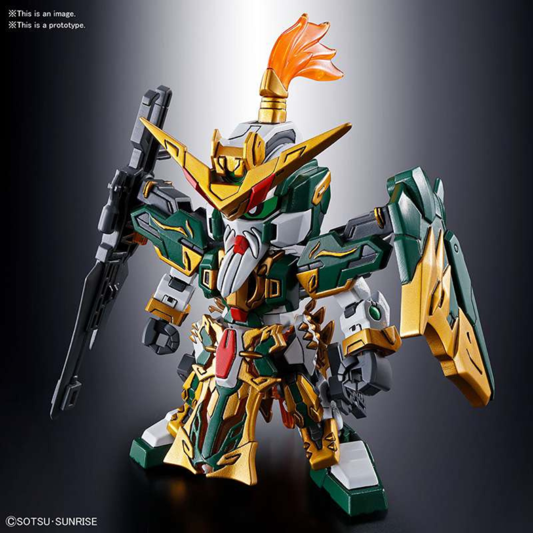 Model Kit SD Gunpla Huang Zhong Gundam Dynames Bandai con armatura verde e oro, fucile da cecchino, facile da montare senza colla o verniciatura.