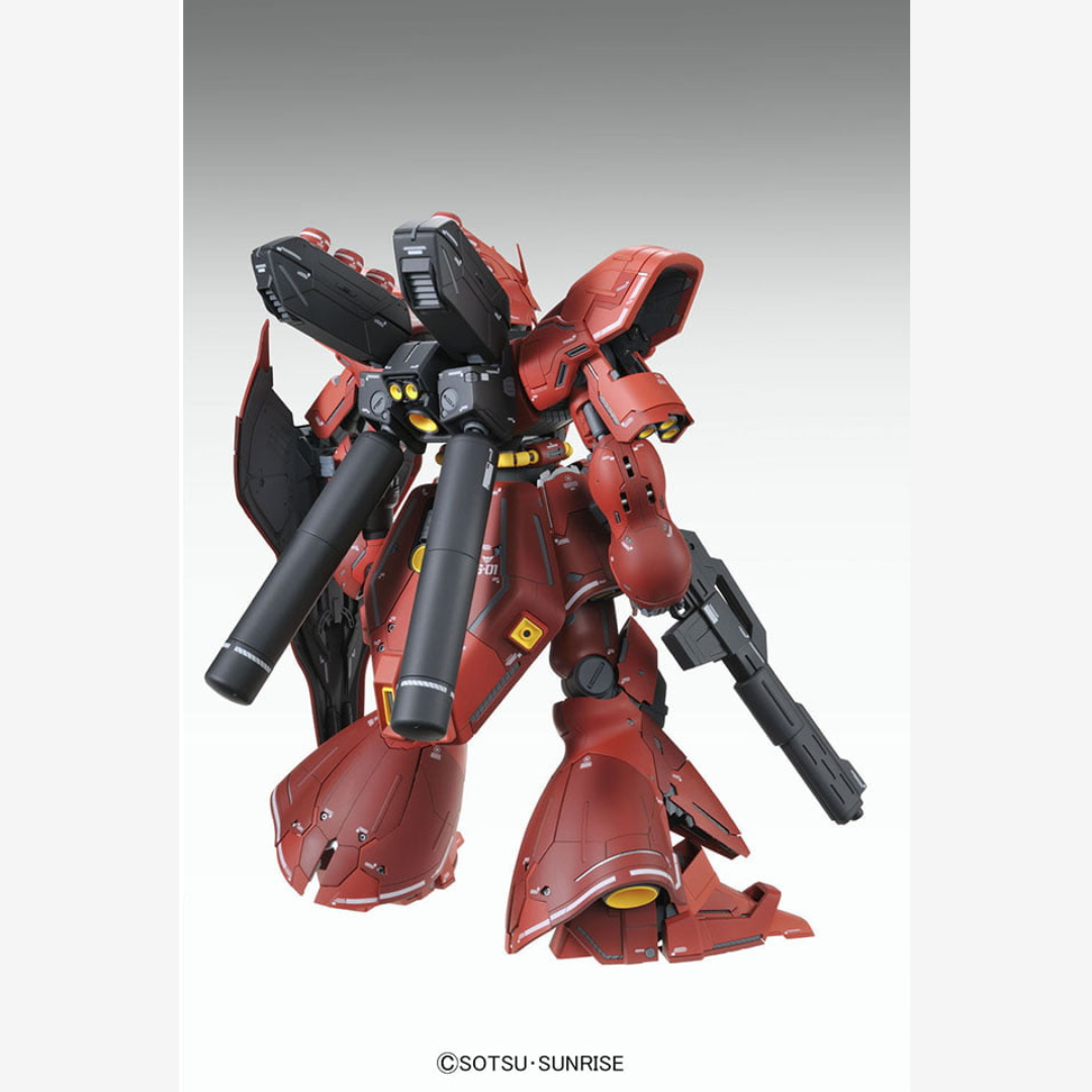 Dettaglio Gunpla RG 1/144 Sazabi Bandai – Mobile Suit Neo Zeon rosso, modello da montare senza colla, perfetto per fan di Char Aznable e collezionisti