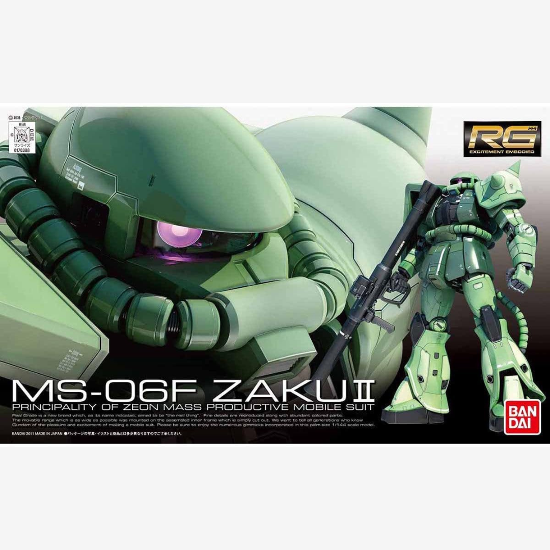 Gunpla RG 1/144 MS-06F Zaku II Mass Production Bandai, modello Real Grade ultra dettagliato da assemblare senza colla con armi e inner frame incluso.