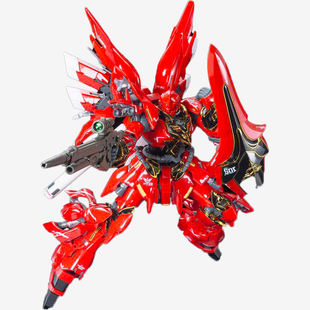 Gunpla RG 1/144 Sinanju Bandai – mobile suit Neo Zeon rosso con dettagli dorati, inner frame realistico e articolazioni mobili, kit senza colla né vernice.
