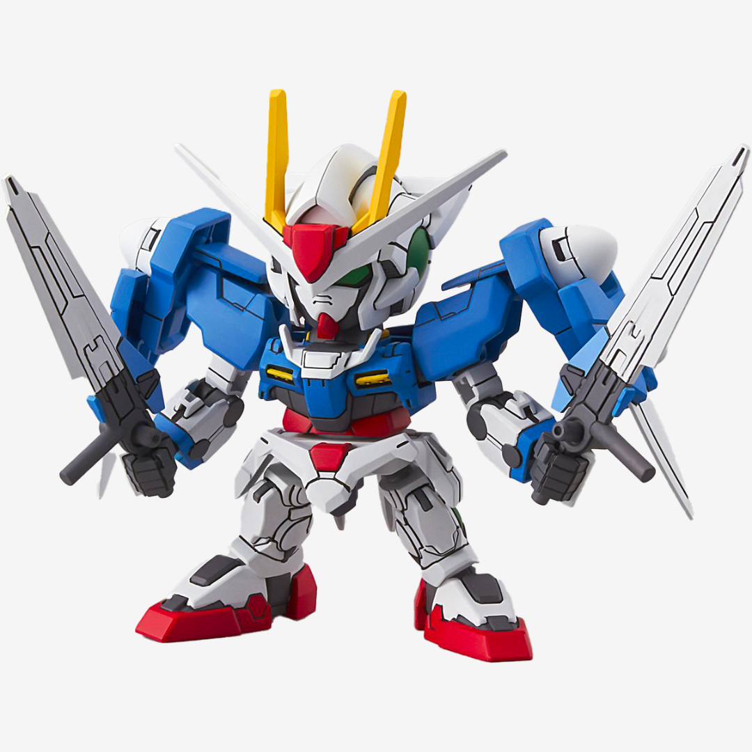 Gunpla SD EX-Standard 00 Gundam GN-0000 Bandai da Gundam 00 con doppie GN Sword, kit da assemblare senza colla né verniciatura, ideale per collezionisti.