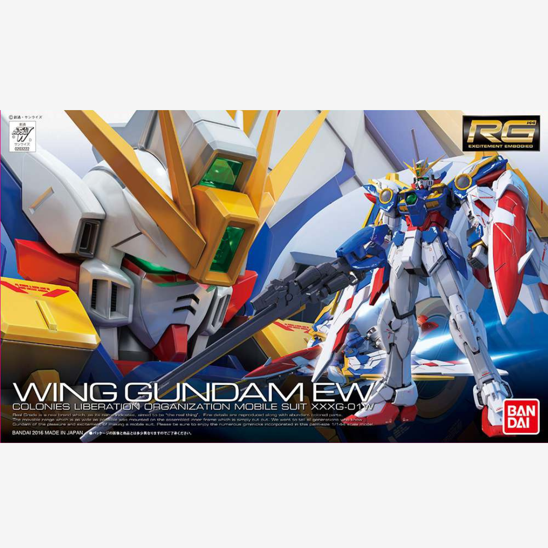 Gunpla RG Wing Gundam EW 1/144 trasformabile in Bird Mode, dettagli realistici, kit Bandai originale disponibile su Weeaboverse.it