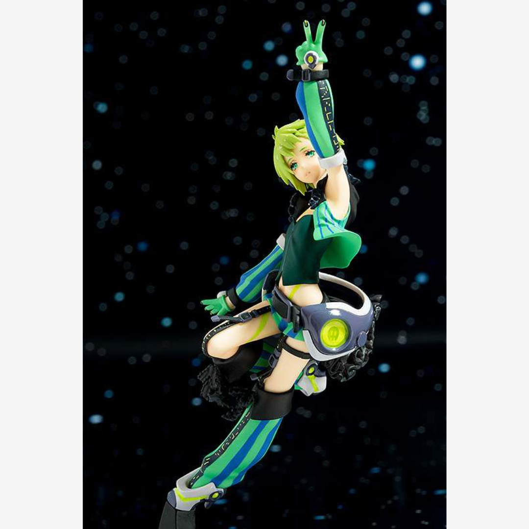 Model kit personaggio femminile futuristico verde e nero da assemblare, stile anime, dettagli curati, posa dinamica, senza colla o vernice.