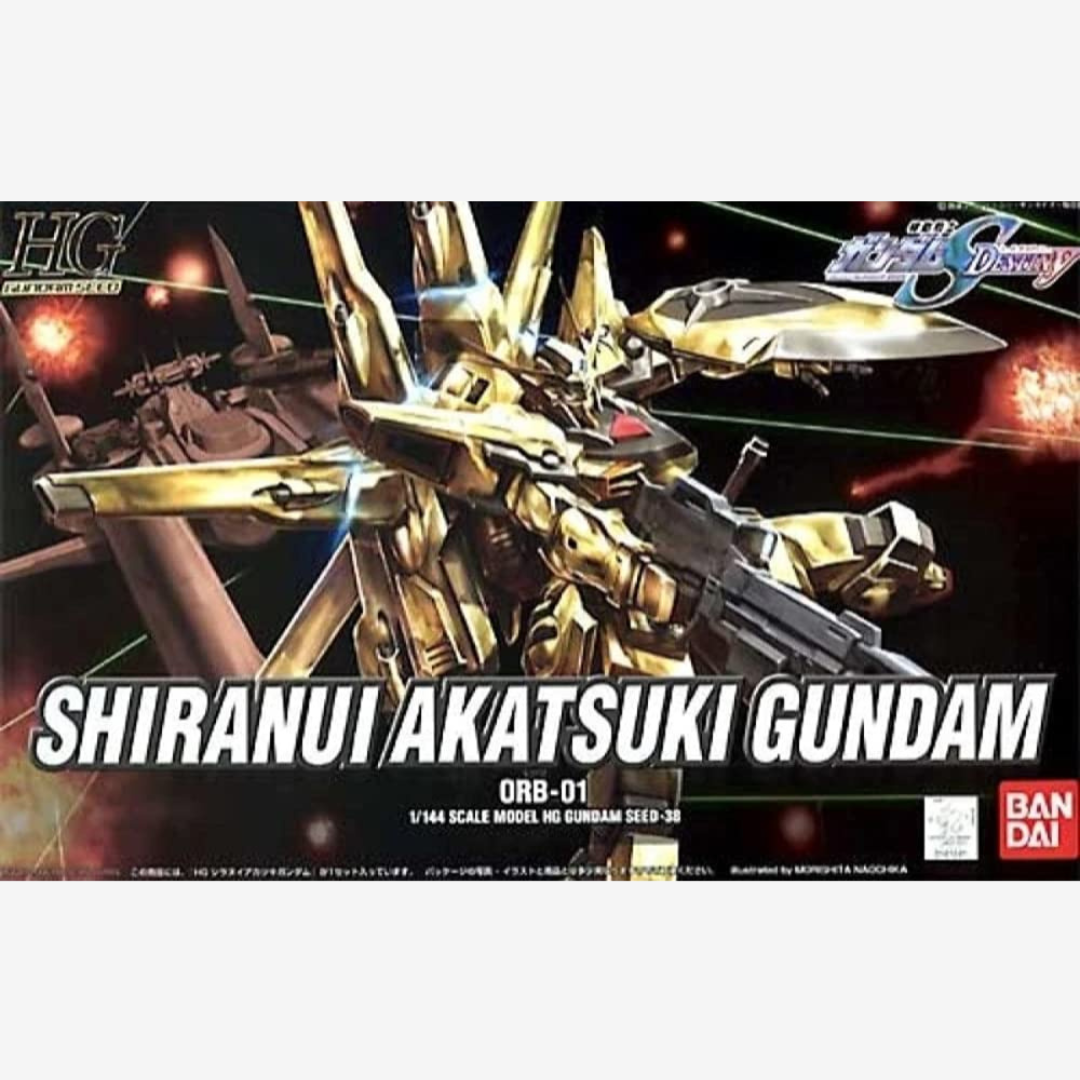 Box art HG 1/144 Shiranui Akatsuki Gundam dorato da Gundam SEED Destiny – Gunpla Bandai da assemblare senza colla né verniciatura