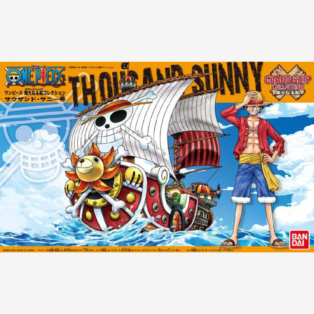 Modellino Bandai One Piece Thousand Sunny, nave dei Mugiwara con vele bianche e leone sulla prua, kit da assemblare senza colla né verniciatura