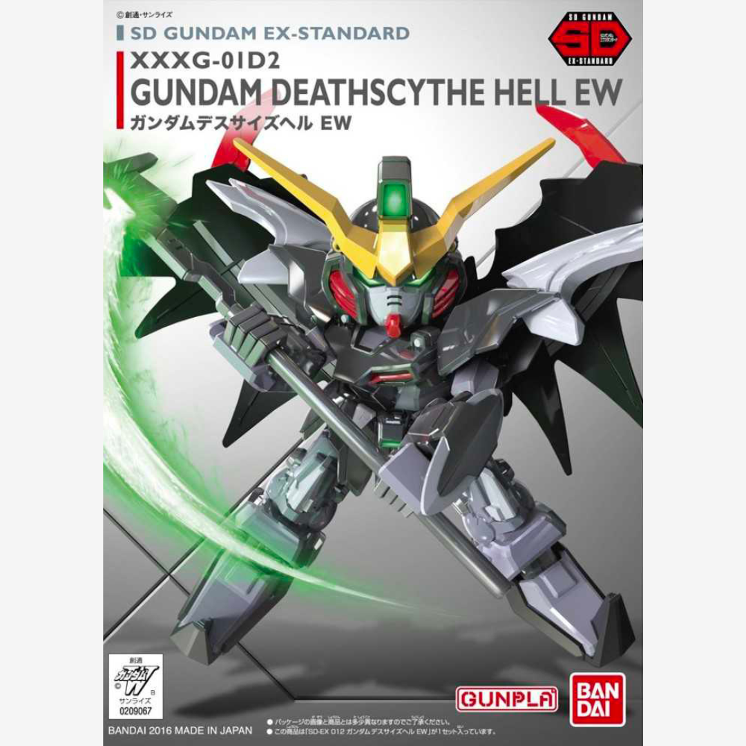 Gunpla SD Gundam Deathscythe Hell EW EX-Standard Bandai con falce e ali demoniache, kit da montare senza colla né verniciatura, da Endless Waltz.