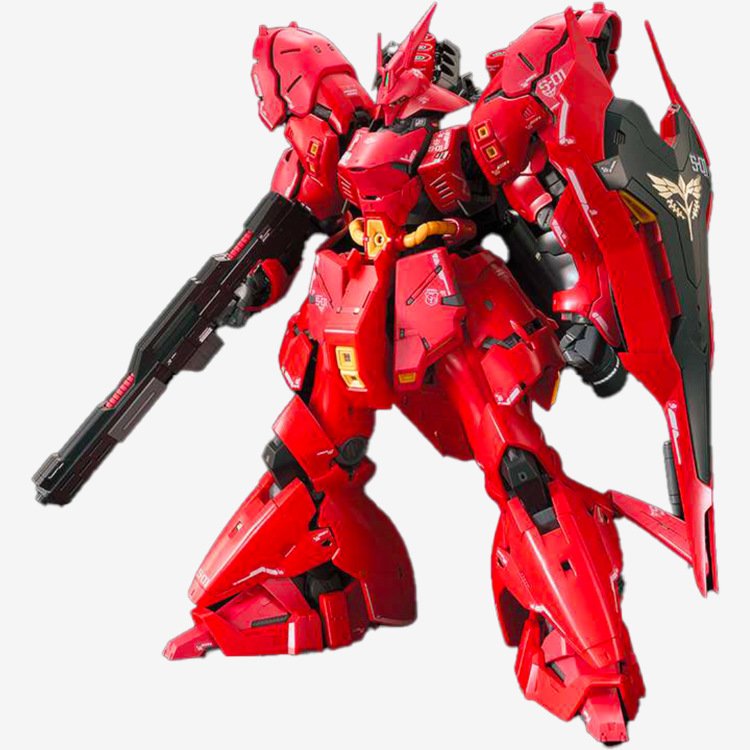 Gunpla RG MSN-04 Sazabi 1/144 in posa d’azione, mobile suit rosso di Char Aznable da montare, dettaglio realistico e armi incluse Bandai