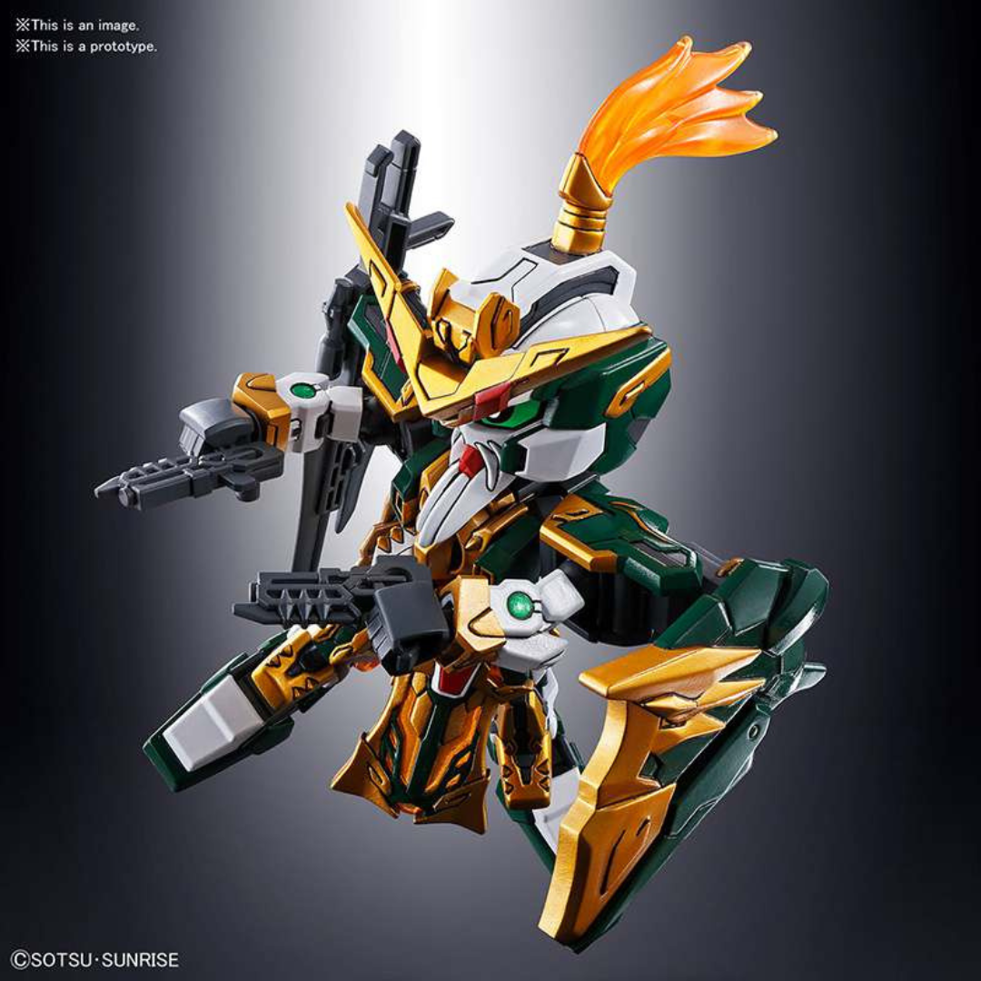 Model Kit SD Gunpla Huang Zhong Gundam Dynames Bandai con armatura verde e oro, fucile da cecchino, facile da montare senza colla o verniciatura.