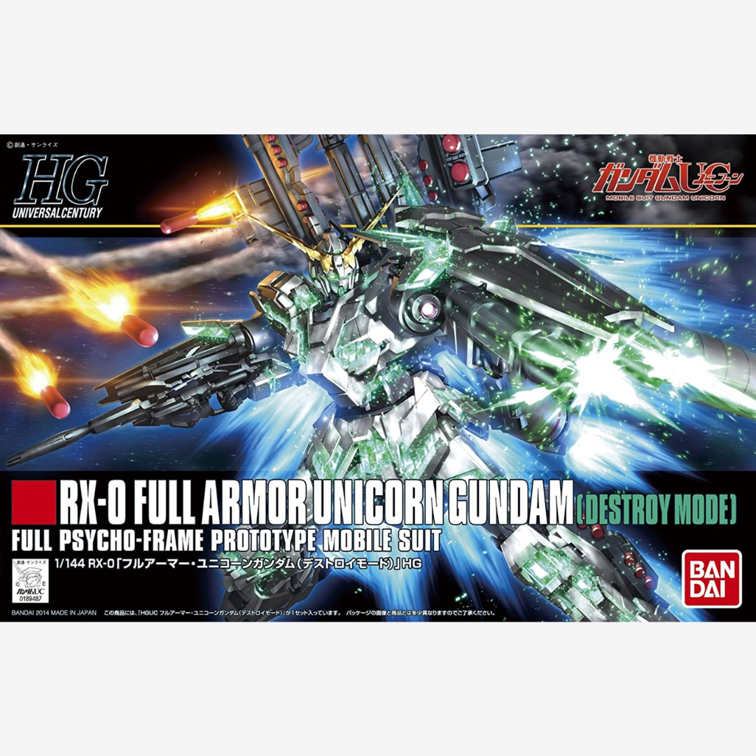 Box Gunpla Bandai HG 1/144 RX-0 Full Armor Unicorn Gundam Destroy Mode, kit assemblabile senza colla con dettagli e armi da Gundam UC.
