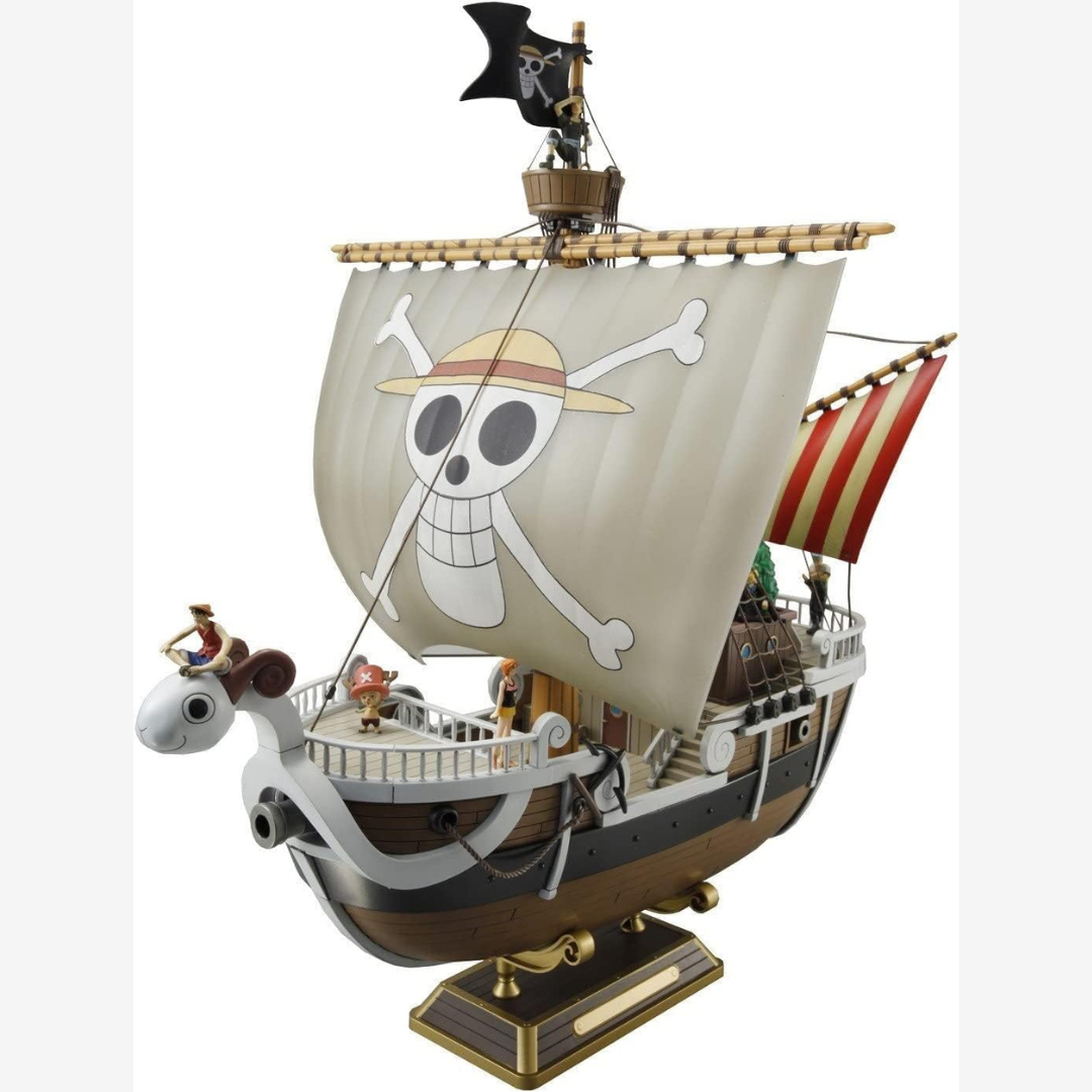 Modellino Bandai Going Merry da One Piece, nave dei Mugiwara con vela Jolly Roger e mini figure, kit da montare senza colla per fan e collezionisti anime