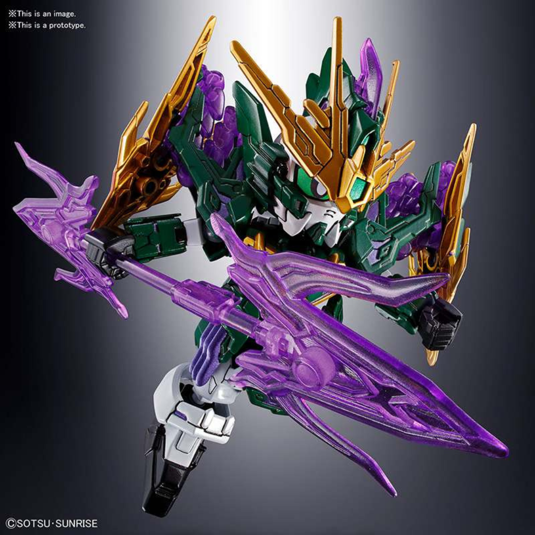 Gunpla SD Zhang He Altron Gundam Bandai con armatura verde, oro e lame viola, kit da montare senza colla perfetto per fan Sangoku Soketsuden.