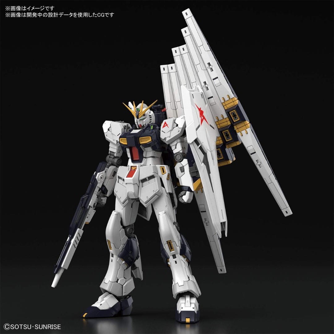 RG RX-93 Nu Gundam 1/144 Bandai con funnel mobili e frame interno dettagliato. Kit Gunpla Real Grade ispirato a Char's Counterattack su Weeaboverse.it