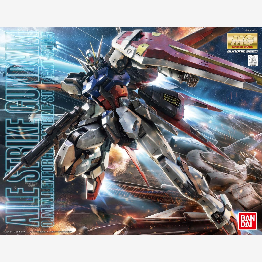 Box Gunpla MG Aile Strike Gundam Bandai – Master Grade Gundam SEED, kit da assemblare con Aile Striker Pack, senza colla né verniciatura.