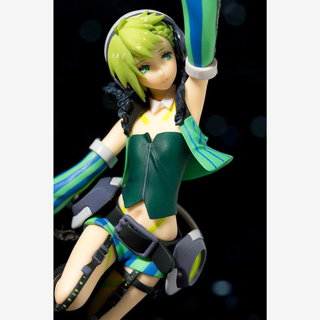 Model kit personaggio femminile futuristico verde e nero da assemblare, stile anime, dettagli curati, posa dinamica, senza colla o vernice.